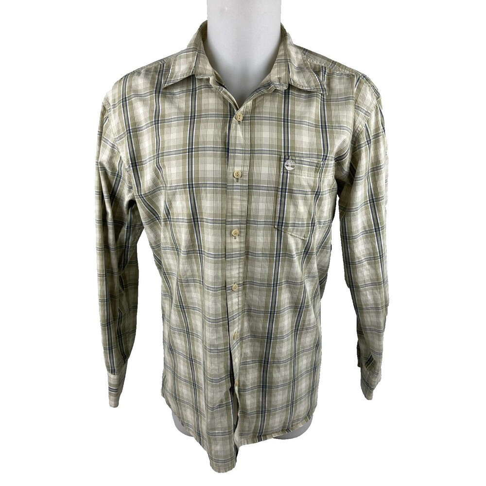 Timberland Men Large Green Blue White Plaid Long Sleeve Shirt